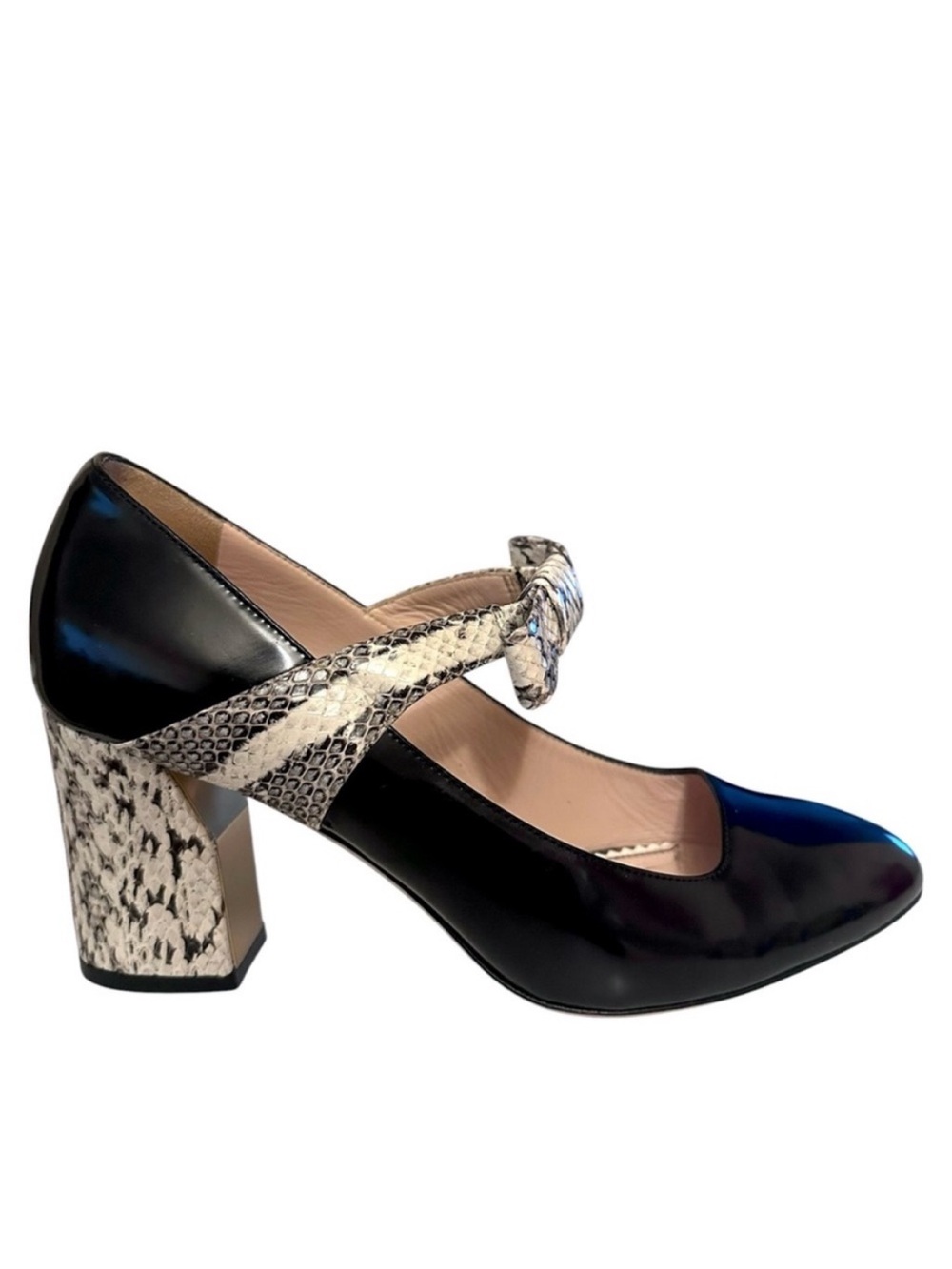 GUCCI Nimue Black & Cream Patent Leather Snakeskin Mary Jane Block Heel Pump